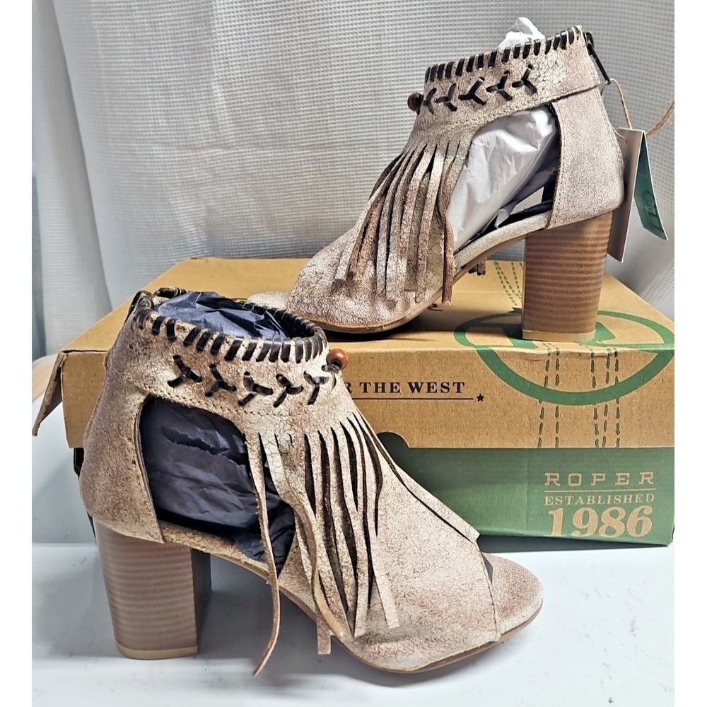 ROPER Womens 34.5/US 5 Bettina Fringe Block Casual Sandals Casual Mid Heel 3"